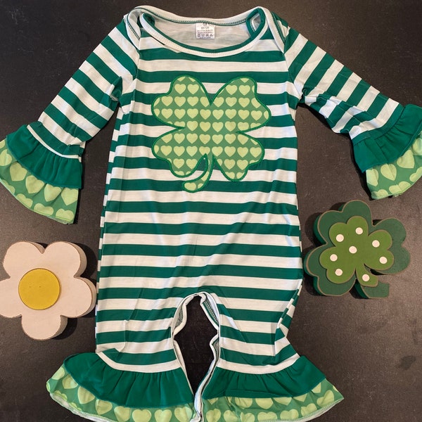 Girls St Patrick’s Day Appliqué Shamrock Ruffled Long Romper Outfit