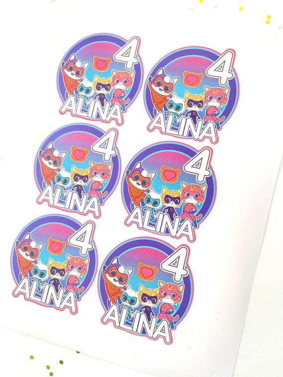 Personalized Super Kitties Birthday Party Stickers