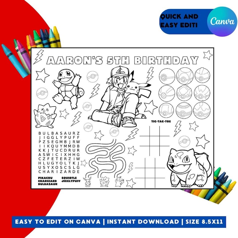 K&ouml;nnte beinhalten: Eine schwarz-wei&szlig;e druckbare Malvorlage mit Pok&eacute;mon-Charakteren. Die Seite enth&auml;lt ein Suchwort, ein Tic-Tac-Toe-Spiel und ein Labyrinth. Der Text "AARON'S 5TH BIRTHDAY" befindet sich oben auf der Seite.