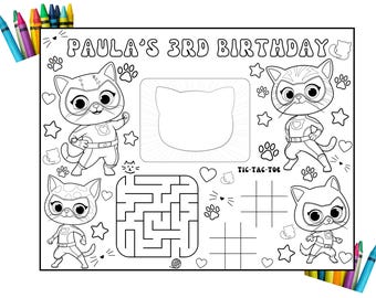 Editable Super Kitties Activity Sheet – Printable Birthday Coloring Games (Digital File)