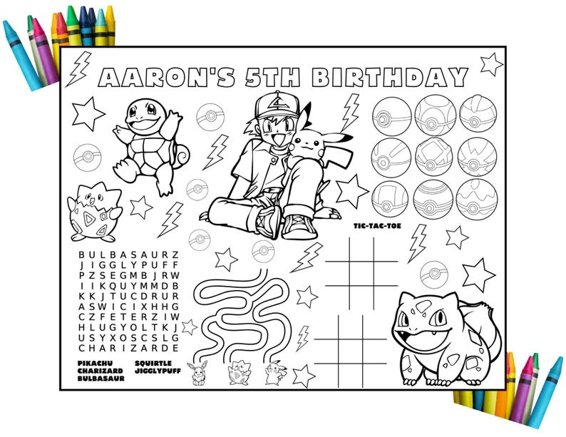K&ouml;nnte beinhalten: Eine Schwarzwei&szlig;-Malvorlage mit Pokemon-Charakteren. Die Seite enth&auml;lt ein Suchwort, ein Tic-Tac-Toe-Spiel und ein Labyrinth. Der Text "AARON'S 5TH BIRTHDAY" befindet sich oben auf der Seite.