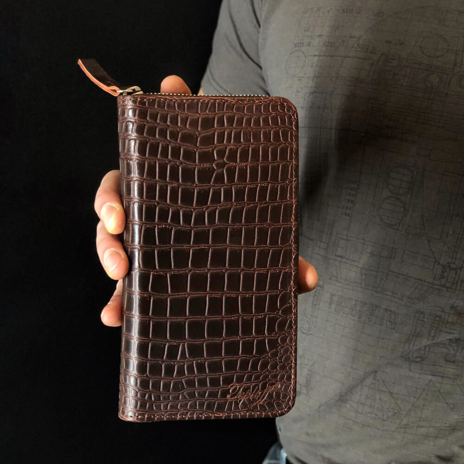 Crocodile Print Leather Wallet Mens Long Wallet Croc Etsy