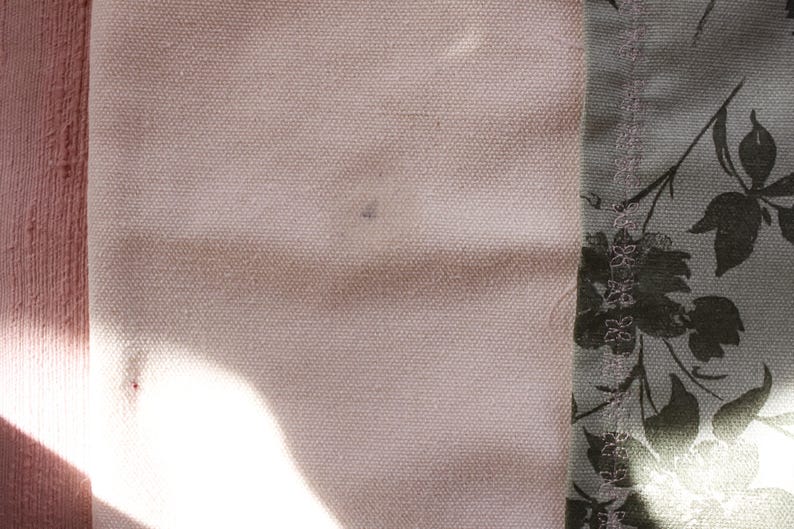 Pu&ograve; includere: Primo piano di un tessuto rosa chiaro con una piccola macchia scura. Il tessuto &egrave; accanto a un tessuto con un motivo floreale in tonalit&agrave; di grigio e verde.
