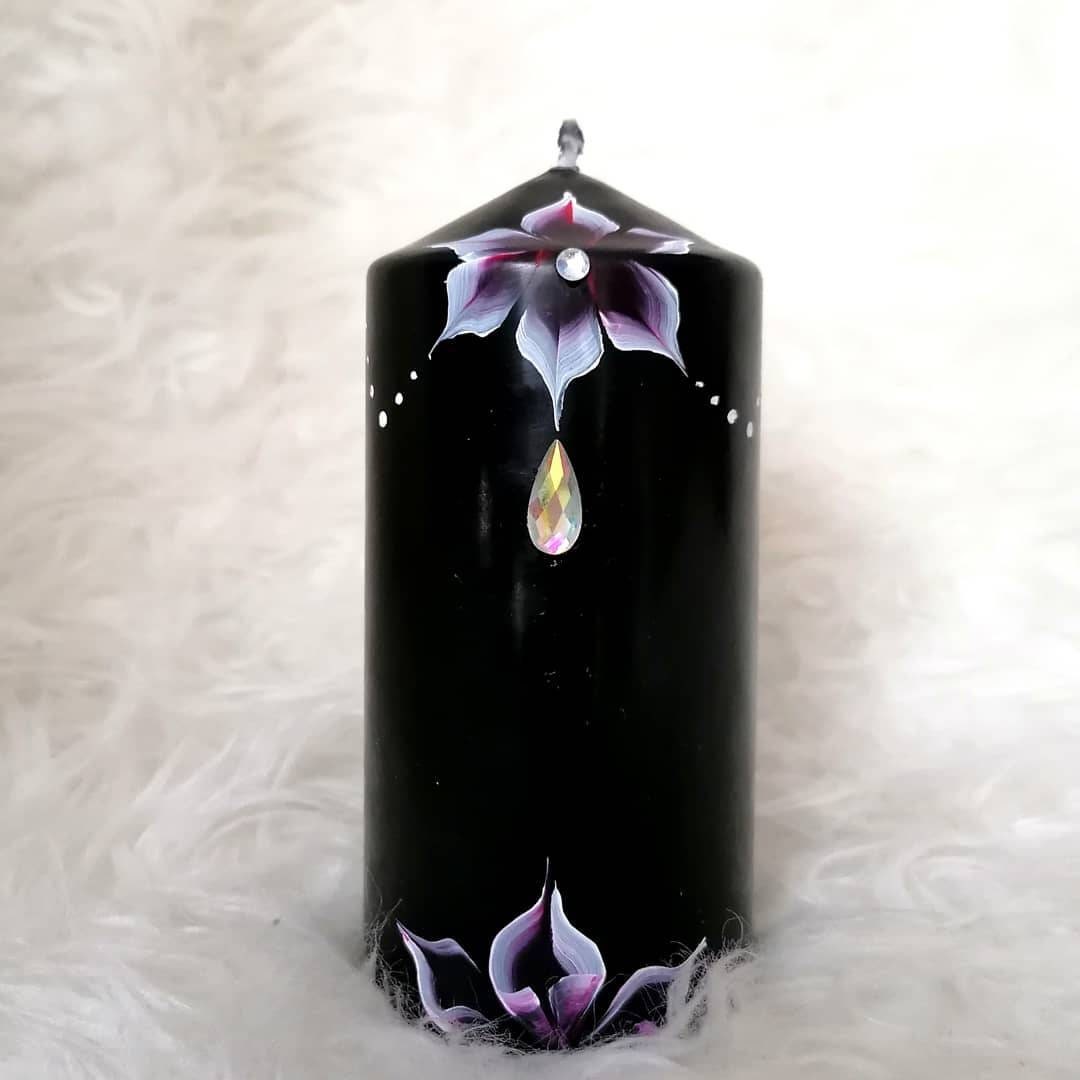 Bougie Shabby Chic et Romantique de Décoration, Noire, avec Fleurs Strass