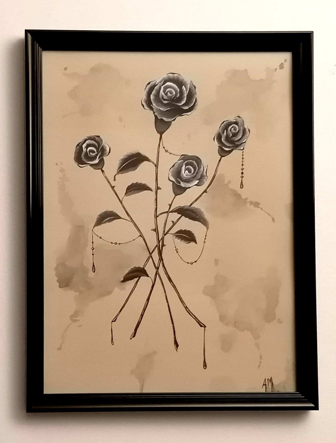 Peinture Roses Noires, Perles, Gothique, Cadre Noir