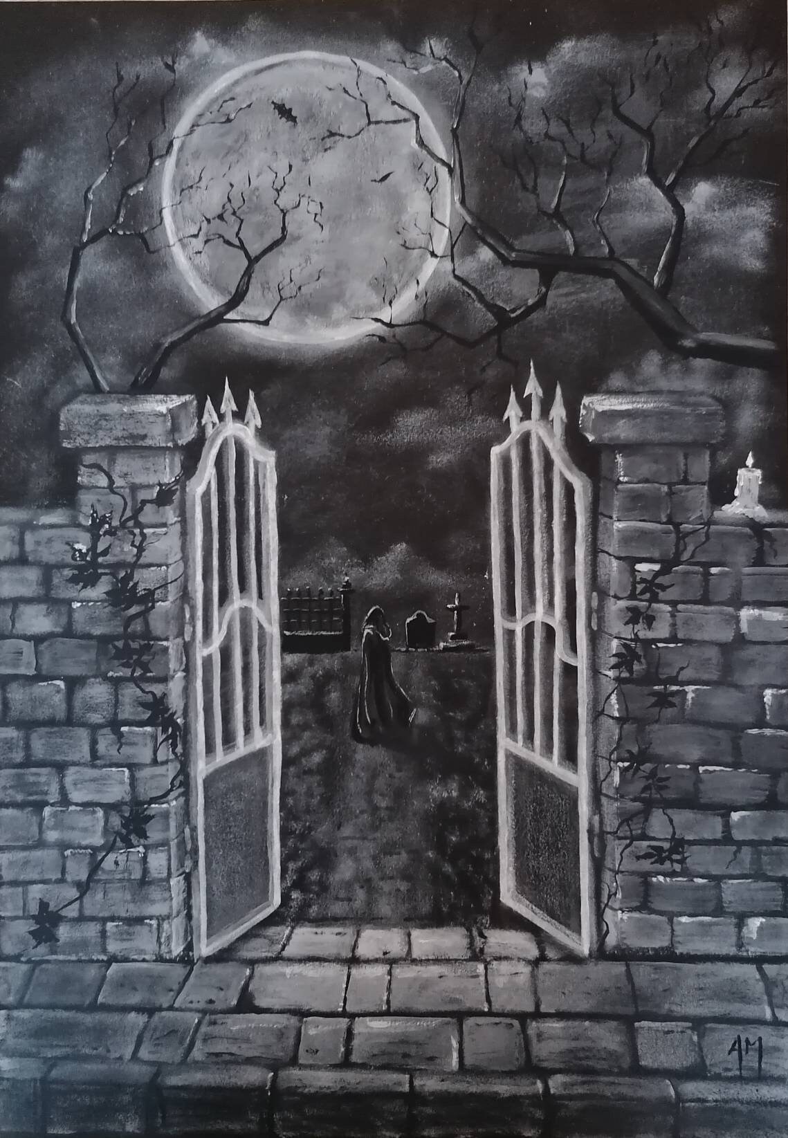 Peinture Cimetière Dark, Gothique, Lune, Bougie, avec Cadre Noir