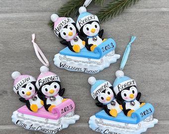Twin Ornament, Twin Siblings, Two Penguins on Sled Twins , Christmas Twin Ornament, Baby Penguins Twin,  Twins Gift, Girls Twins, Boys Twins