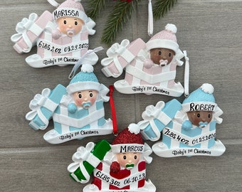 Baby Girl Baby Boy in Present 1st Christmas Ornament, Baby's 1st Christmas Ornament, African American Baby, Personalized Baby’s Ornament