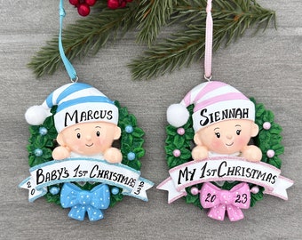 Baby&#39;s First Christmas Personalized Ornament, Baby In Christmas Wreath Ornament, Christmas Keepsake, 2023 Baby&#39;s 1st Christmas Ornament