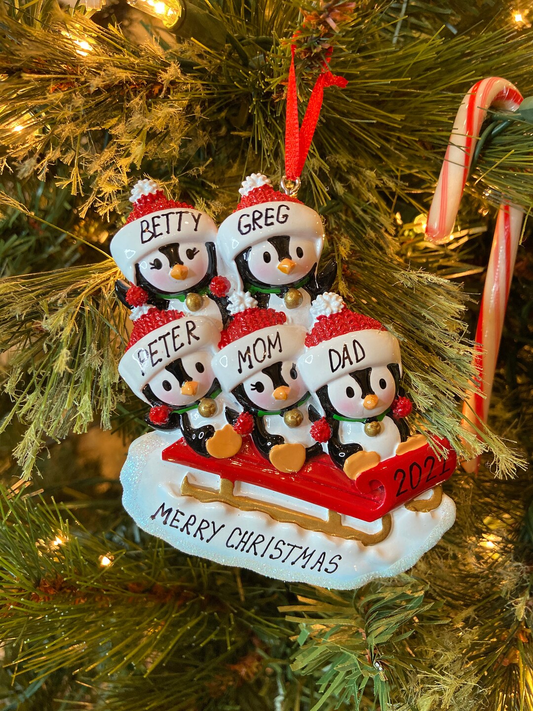 Five Penguins on Sled - Personalized Christmas Ornament - Family of 5 ...