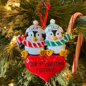 Penguin Couple Holding Heart Just Married New Home Together Personalized Ornaments 1st Christmas Free Personalization