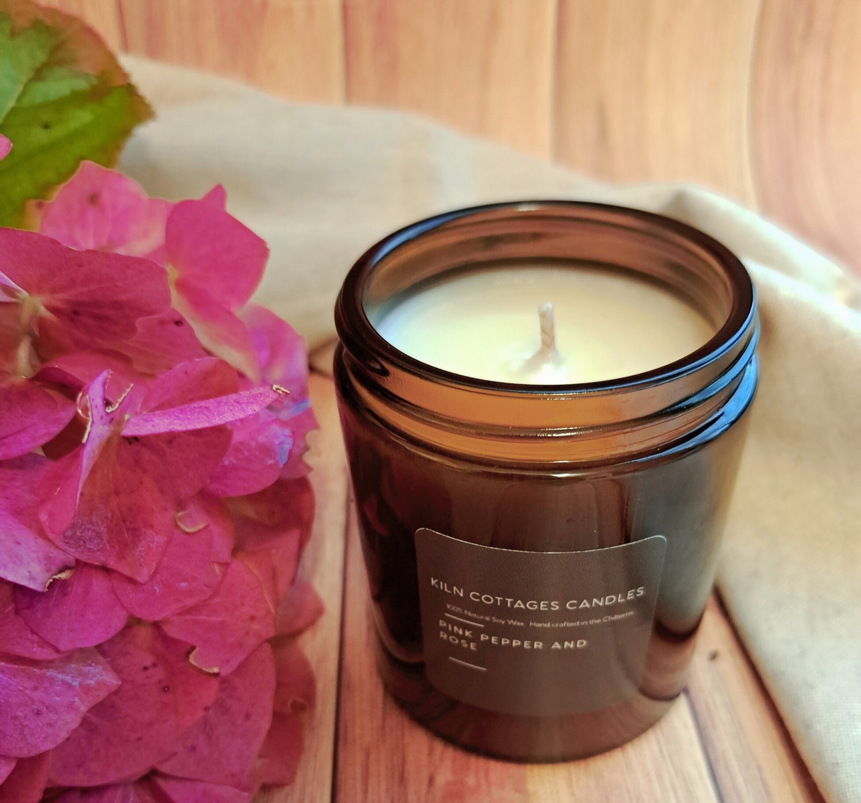 Pink Pepper and Rose Scented Soy Wax Apothecary Amber Candle Jar Hand Poured Gift Wrapped Kiln