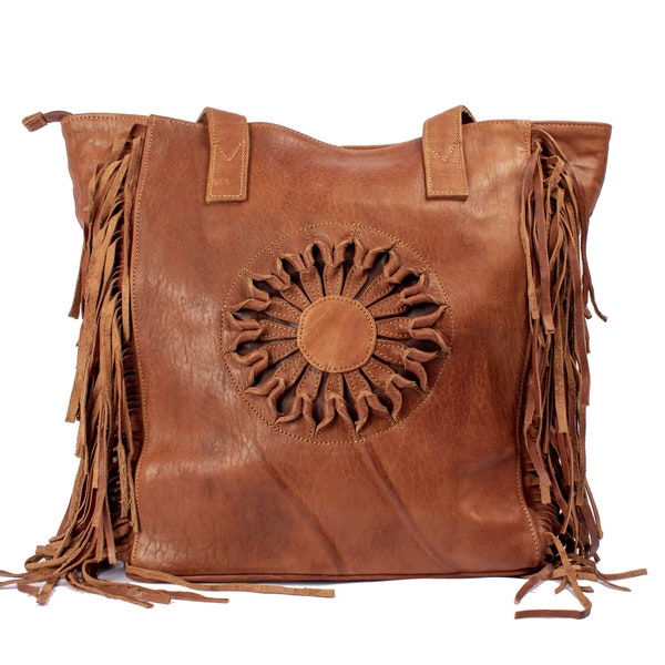 Bohemian Leather Tote Bag - Embossed Sun Design with Fringe Detail