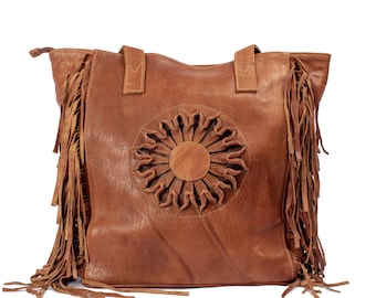 Bohemian Leather Tote Bag - Embossed Sun Design with Fringe Detail