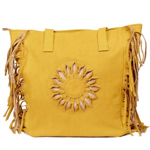 Yellow leather fringe bag for women