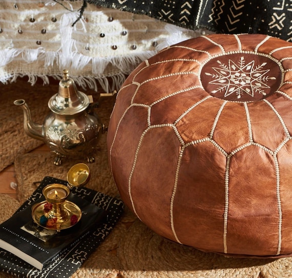 Boho Chic Moroccan Leather Ottoman Pouf Stylish Footstool for