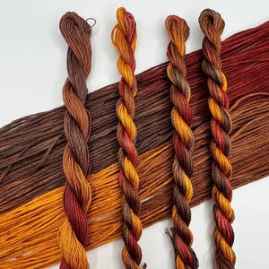 May include: A close-up shot of four skeins of embroidery thread, twisted and arranged vertically. The colours range from brown to orange and red. The background features loose threads in matching hues, emphasizing the texture and colour palette of the thread.