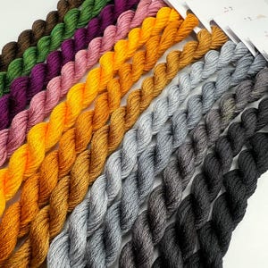 Puede incluir: Una colección de 10 ovillos de hilo de bordar en varios colores, incluyendo marrón, verde, morado, rosa, amarillo, dorado, gris y negro. El hilo está dispuesto en diagonal, con las etiquetas hacia arriba.