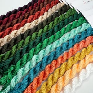 May include: A collection of 18 skeins of embroidery floss in various shades of red, brown, green, blue, orange, yellow, and white. The floss is arranged in a rainbow pattern.
