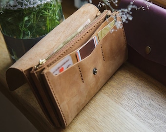 Zipper long Wallet,Personalized Handmade leather wallet, Travel wallet, Engraved Wallet, Tall Wallet, Womens Leather Wallet,Phone Holder her