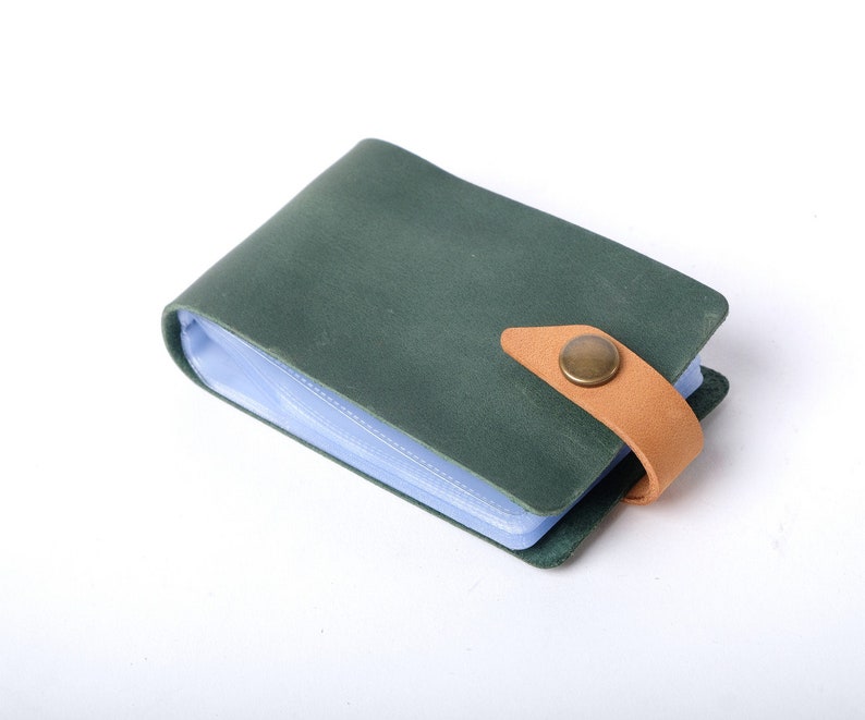 May include: A green leather card holder with a light blue plastic insert and a brown leather strap with a brass button closure.