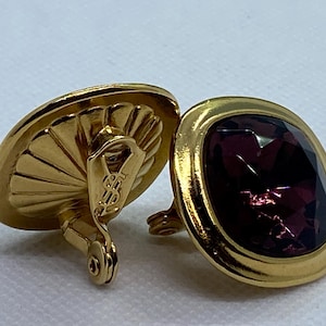 Vintage Yves Saint Laurent Clip-On Earrings | Gold Tone Amethyst Glass | Signed YSL Statement Earrings | 1980s Designer Jewelry
