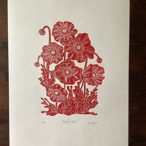 Poppy Field in Red, A4 Linocut Print