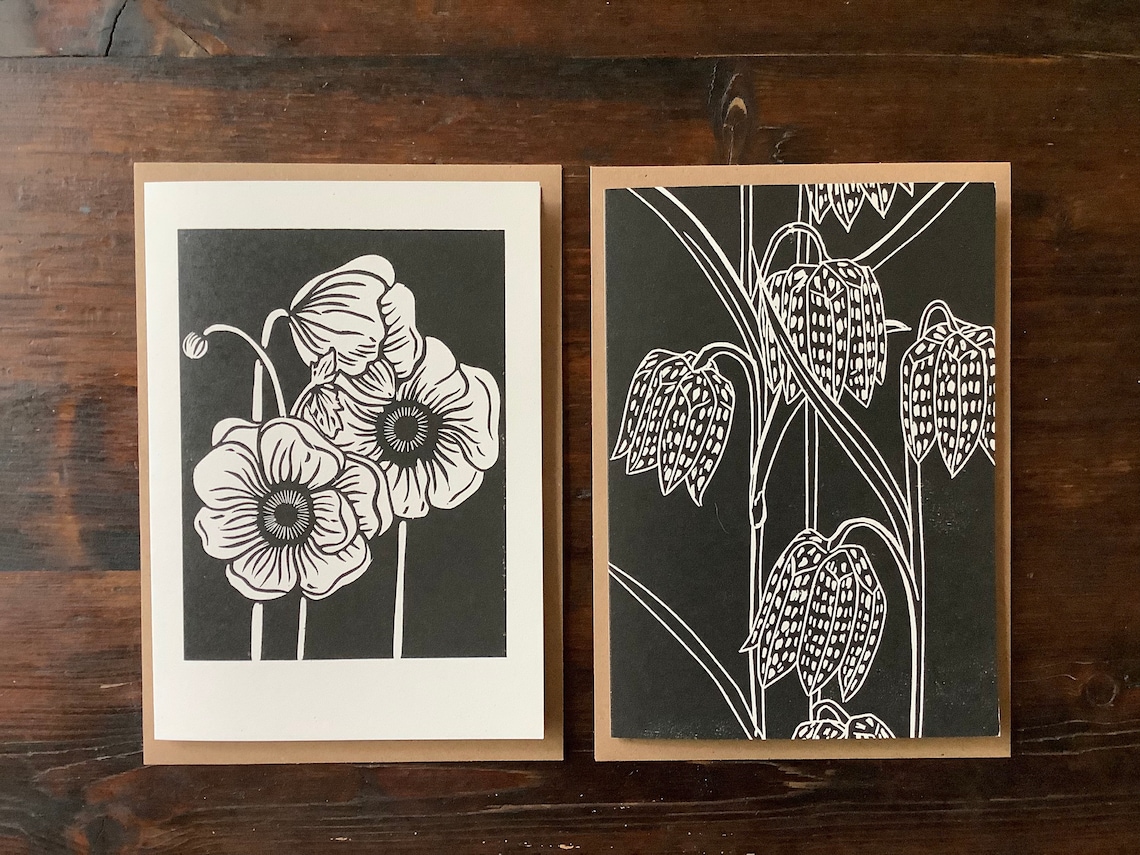 Black and White Floral Greeting Card Set of 2 or 4 Etsy