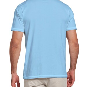 May include: A light blue short-sleeved t-shirt with a crew neck.