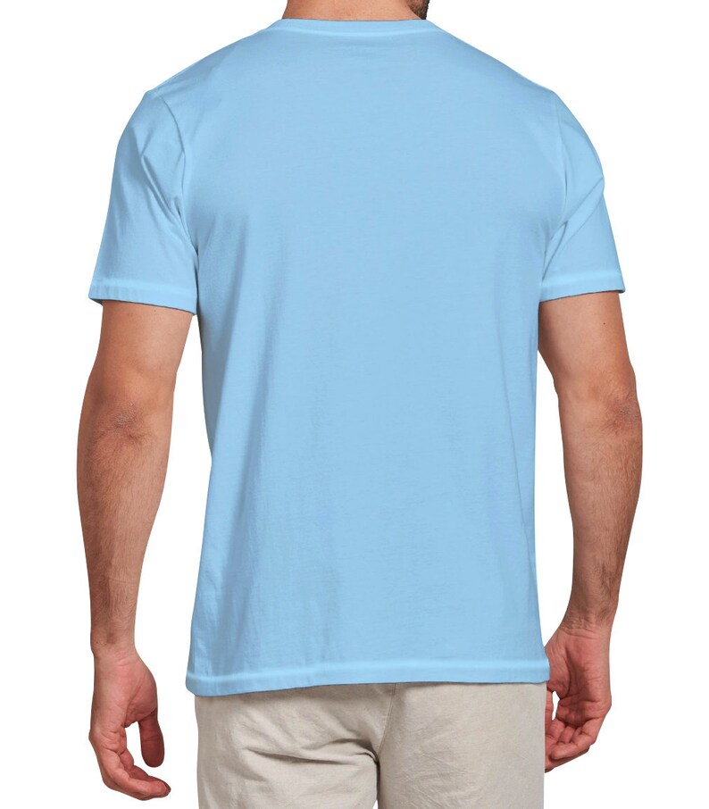 May include: A light blue short-sleeved t-shirt with a crew neck.