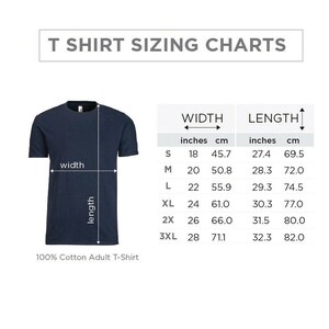 May include: T-shirt sizing chart with measurements in inches and centimeters. The chart shows the width and length of t-shirts in sizes S, M, L, XL, 2X, and 3XL.