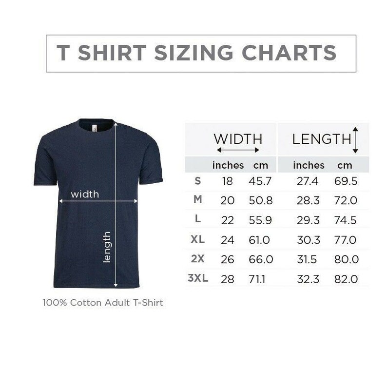 May include: T-shirt sizing chart with measurements in inches and centimeters. The chart shows the width and length of t-shirts in sizes S, M, L, XL, 2X, and 3XL.