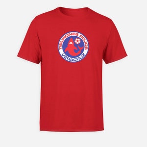 May include: Red t-shirt with a blue and white logo of a shark with a soccer ball. The logo says "Tiburones Rojos Veracruz".