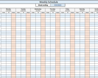 Excel file of Weekly Schedule. Editable Weekly shifts