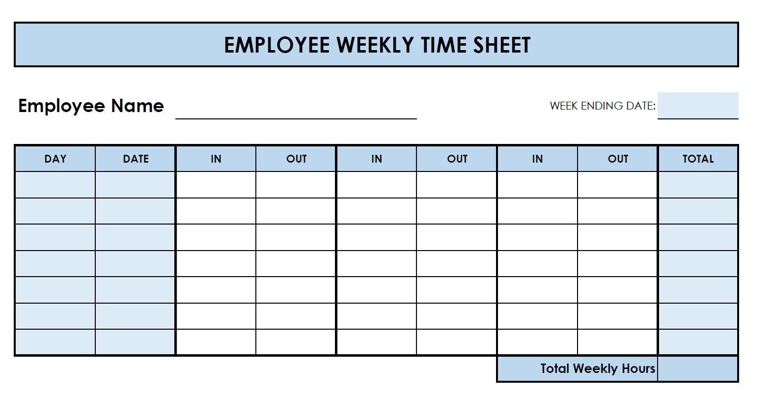 Printable PDF Weekly Timesheet in Out. Printable Timesheet. Time Card