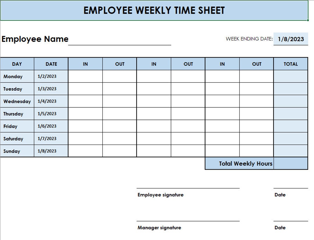 Employee Timesheet in Out. Editable Timesheet. Printable Timesheet