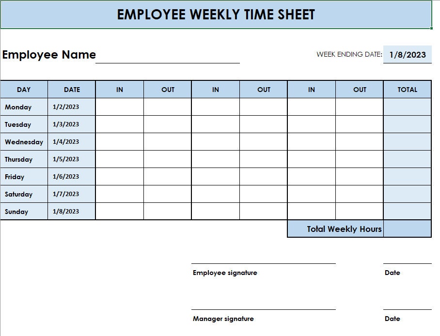 Editable Employee Weekly Timesheet: Time In/out Excel Template - Etsy
