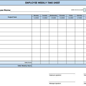 Pode incluir: Uma folha de tempo semanal em branco com o título "EMPLOYEE WEEKLY TIME SHEET" e a data de término da semana "1/8/2023". A folha inclui colunas para cada dia da semana, com espaço para projeto/tarefa, horas diárias e o total de horas semanais. Também há espaços para as assinaturas do funcionário e do gerente e as datas.