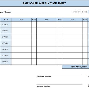 Total Week Timesheet Editable Weekly Timesheet Template: Printable Excel Work Log (US Letter ...