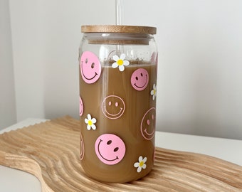 Pink smiley face can glass with Bamboo lid and straw Glass Tumbler Coffee cup Floral Gifts for her