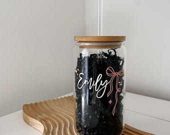 Personalised can glass with bow Bamboo lid and glass straw Glass Tumbler Coffee lovers Coffee Gifts Iced Girly