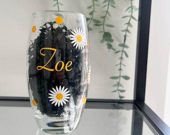 Personalised clear hi ball glass with white and yellow floral daisy design Gift ideas