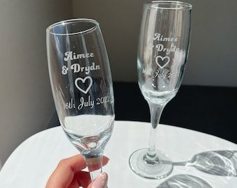 Wedding Anniversary gift engraved personalised Champagne Beer Mug Wine glasses Bride and groom Wedding present Name and date Set of 2