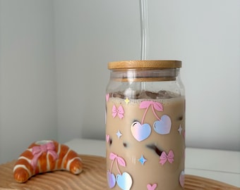 Pink holographic cherries and bow can glass Bamboo lid and glass straw Glass Tumbler Iced Coffee Girly