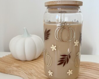 Autumn can glass with pumpkin design Bamboo lid and straw Glass Tumbler Coffee cup Fall Autumnal Halloween