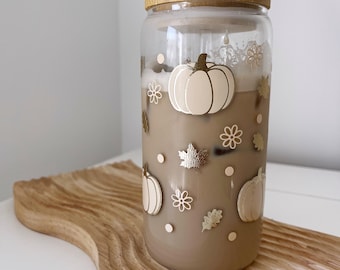 Autumn can glass with pumpkin design Bamboo lid and straw Glass Tumbler Coffee cup Fall Autumnal Halloween Gold Neutral