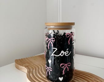 Pink smiley face can glass with Bamboo lid and straw Glass Tumbler Coffee cup Floral Gifts for her