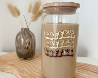 Coffee can glass Bamboo lid and glass straw Glass Tumbler Coffee lovers Coffee Gifts Iced Coffee