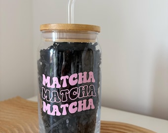 Matcha pink can glass Bamboo lid and glass straw Glass Tumbler Matcha lovers Gifts
