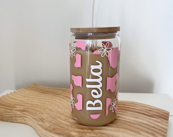 Personalised can glass with pink cow print and flowers Bamboo lid and glass straw Glass Tumbler Coffee cup